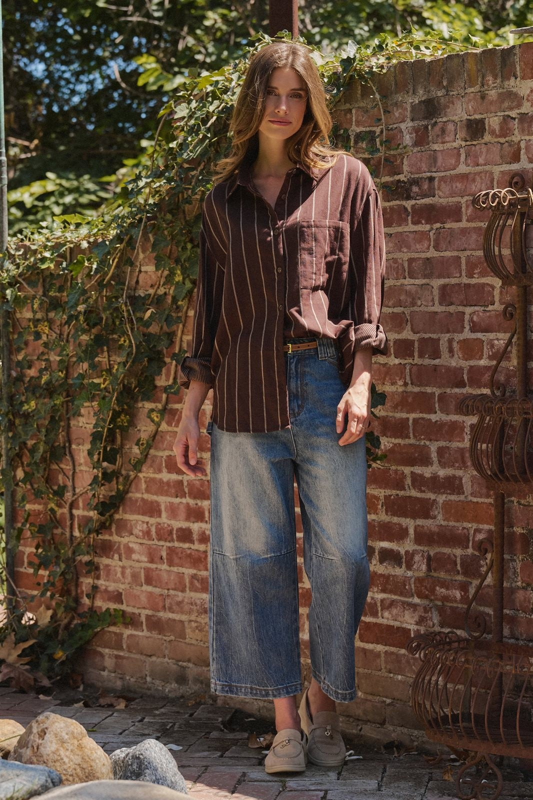 Oversized Striped Cotton Button Down Shirt in Brown - Women's Wholesale Shirts & Blouses | Trend Notes