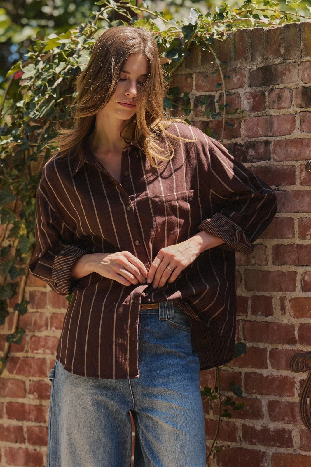 Oversized Striped Cotton Button Down Shirt in Brown - Women's Wholesale Shirts & Blouses | Trend Notes