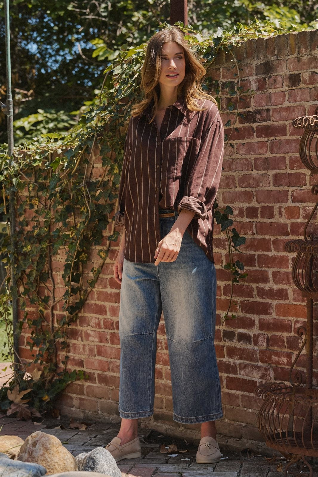 Oversized Striped Cotton Button Down Shirt in Brown - Women's Wholesale Shirts & Blouses | Trend Notes