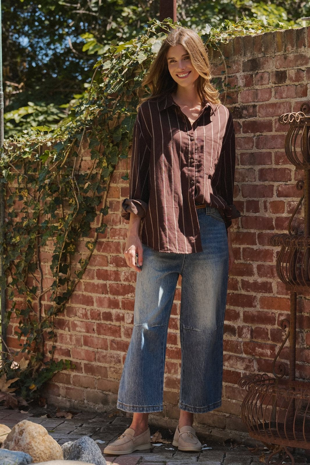 Oversized Striped Cotton Button Down Shirt in Brown - Women's Wholesale Shirts & Blouses | Trend Notes