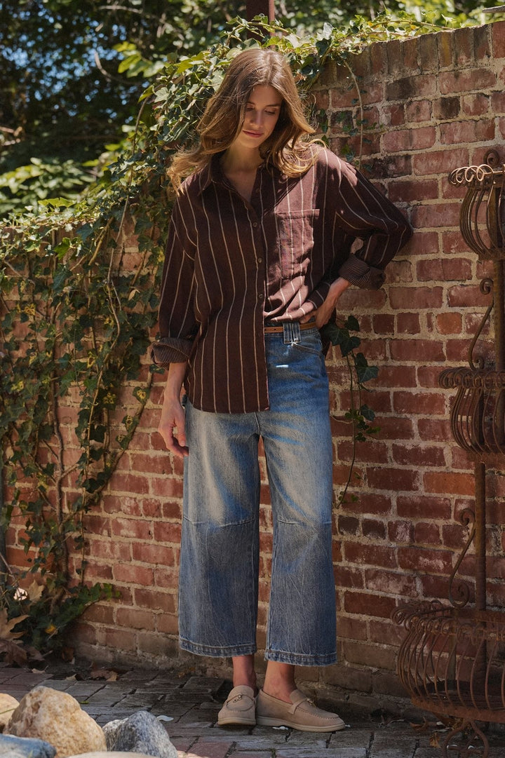 Oversized Striped Cotton Button Down Shirt in Brown - Women's Wholesale Shirts & Blouses | Trend Notes