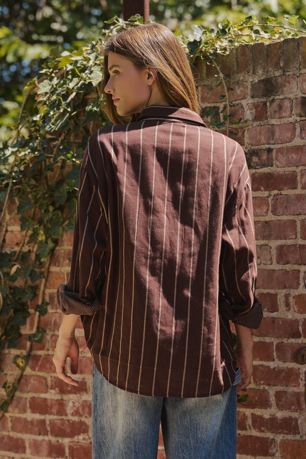 Oversized Striped Cotton Button Down Shirt in Brown - Women's Wholesale Shirts & Blouses | Trend Notes
