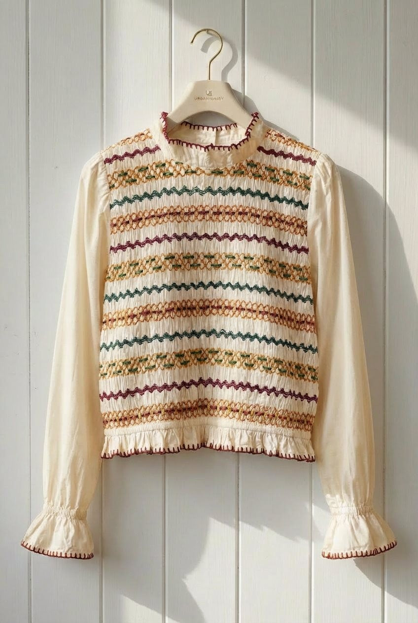 The Heirloom Smocked Embroidery Blouse in Ecru - Women's Wholesale Blankets | Trend Notes