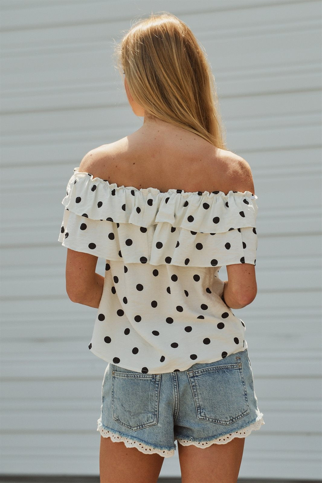 Polka Dot Off-Shoulder Ruffle Blouse in White - Women's Wholesale Blankets | Trend Notes