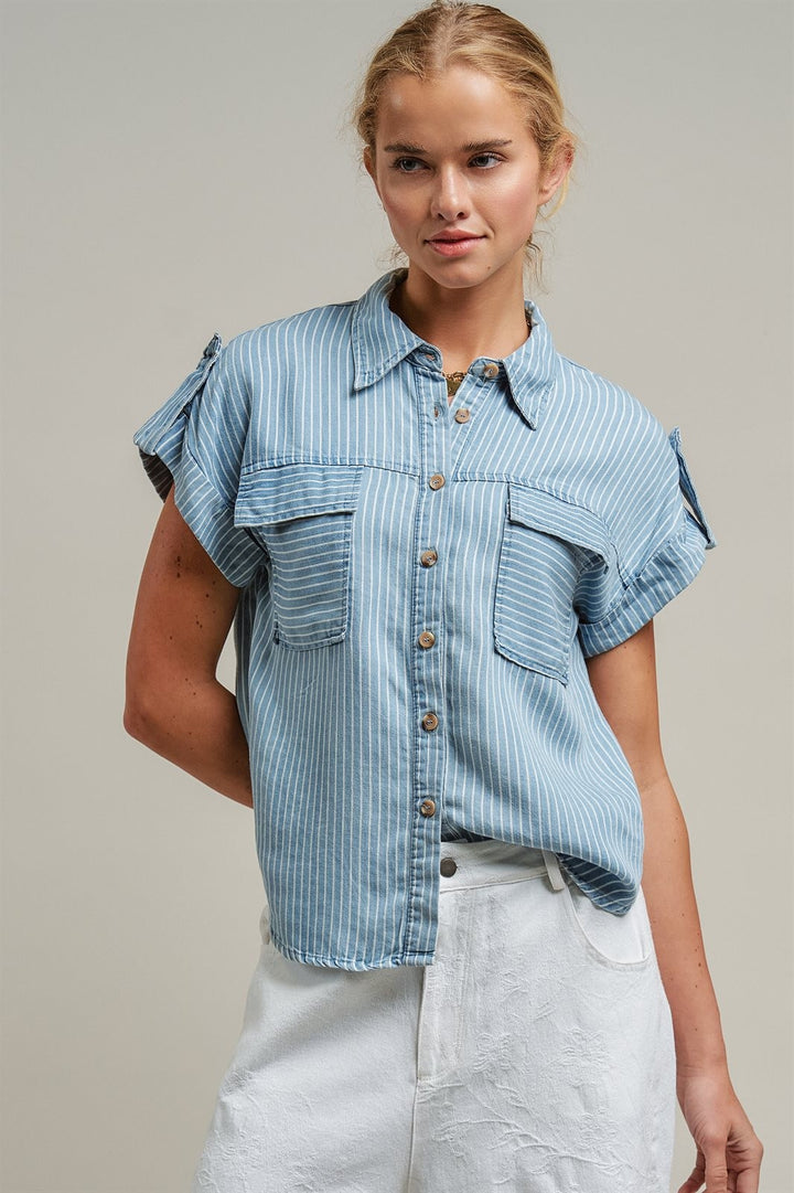 Striped Chambray Denim Short Sleeve Button Up Shirt  in Chambray - Women's Wholesale Blankets | Trend Notes