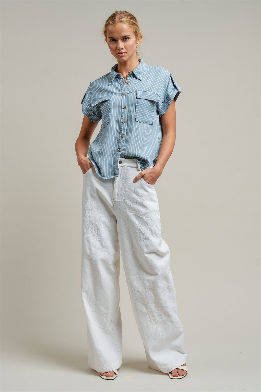 Striped Chambray Denim Short Sleeve Button Up Shirt  in Chambray - Women's Wholesale Blankets | Trend Notes