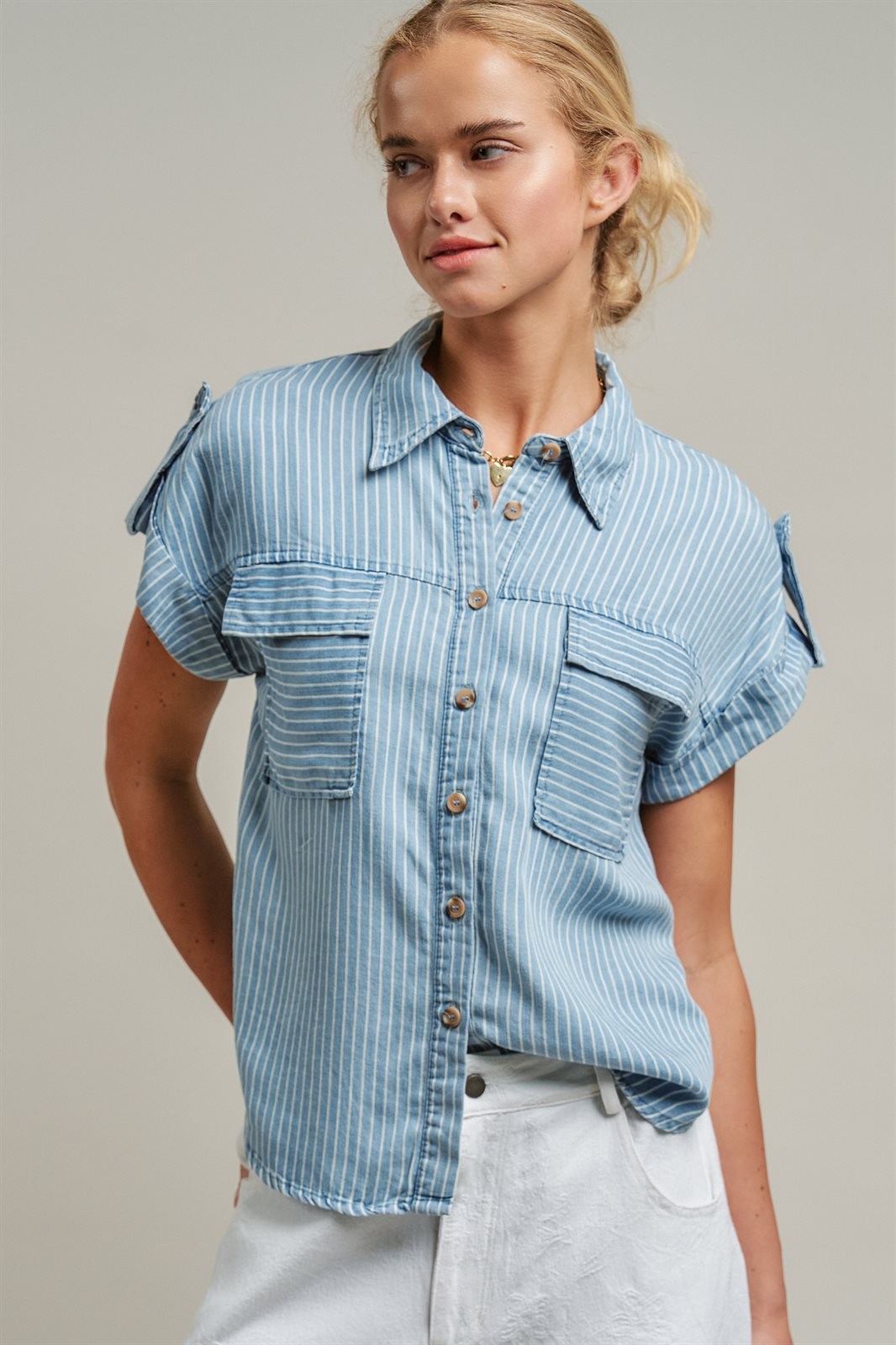 Striped Chambray Denim Short Sleeve Button Up Shirt  in Chambray - Women's Wholesale Blankets | Trend Notes