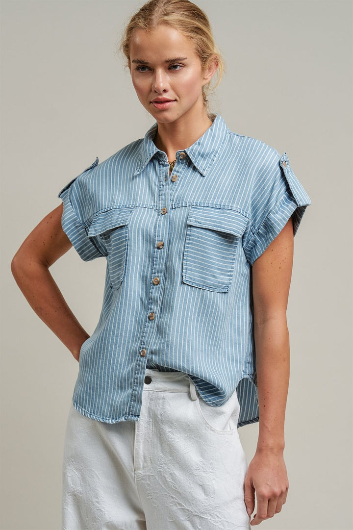 Striped Chambray Denim Short Sleeve Button Up Shirt  in Chambray - Women's Wholesale Blankets | Trend Notes