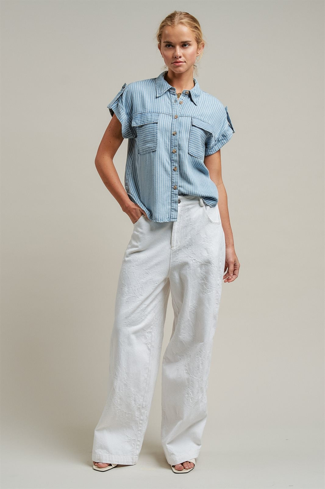Striped Chambray Denim Short Sleeve Button Up Shirt  in Chambray - Women's Wholesale Blankets | Trend Notes