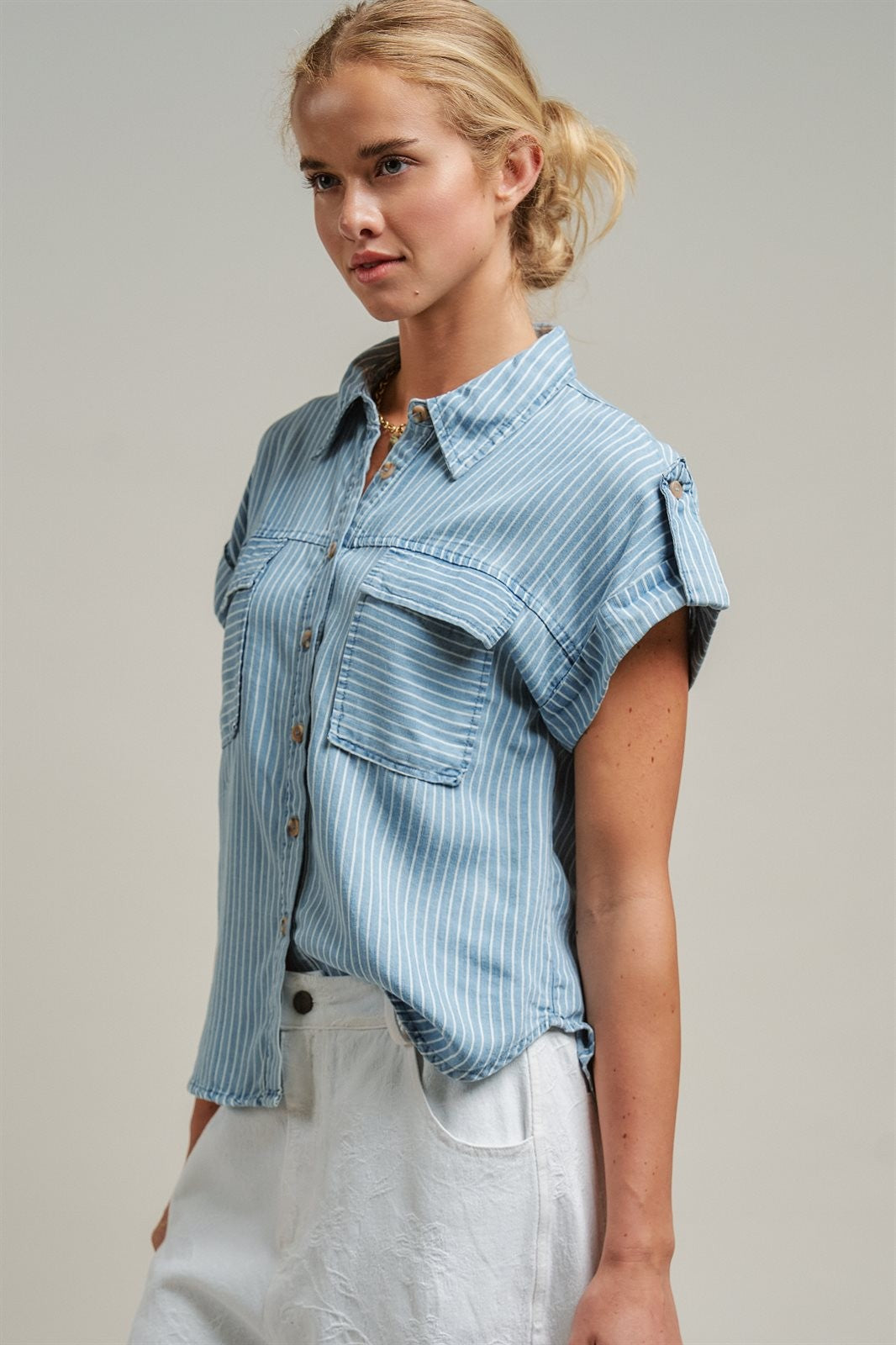 Striped Chambray Denim Short Sleeve Button Up Shirt  in Chambray - Women's Wholesale Blankets | Trend Notes