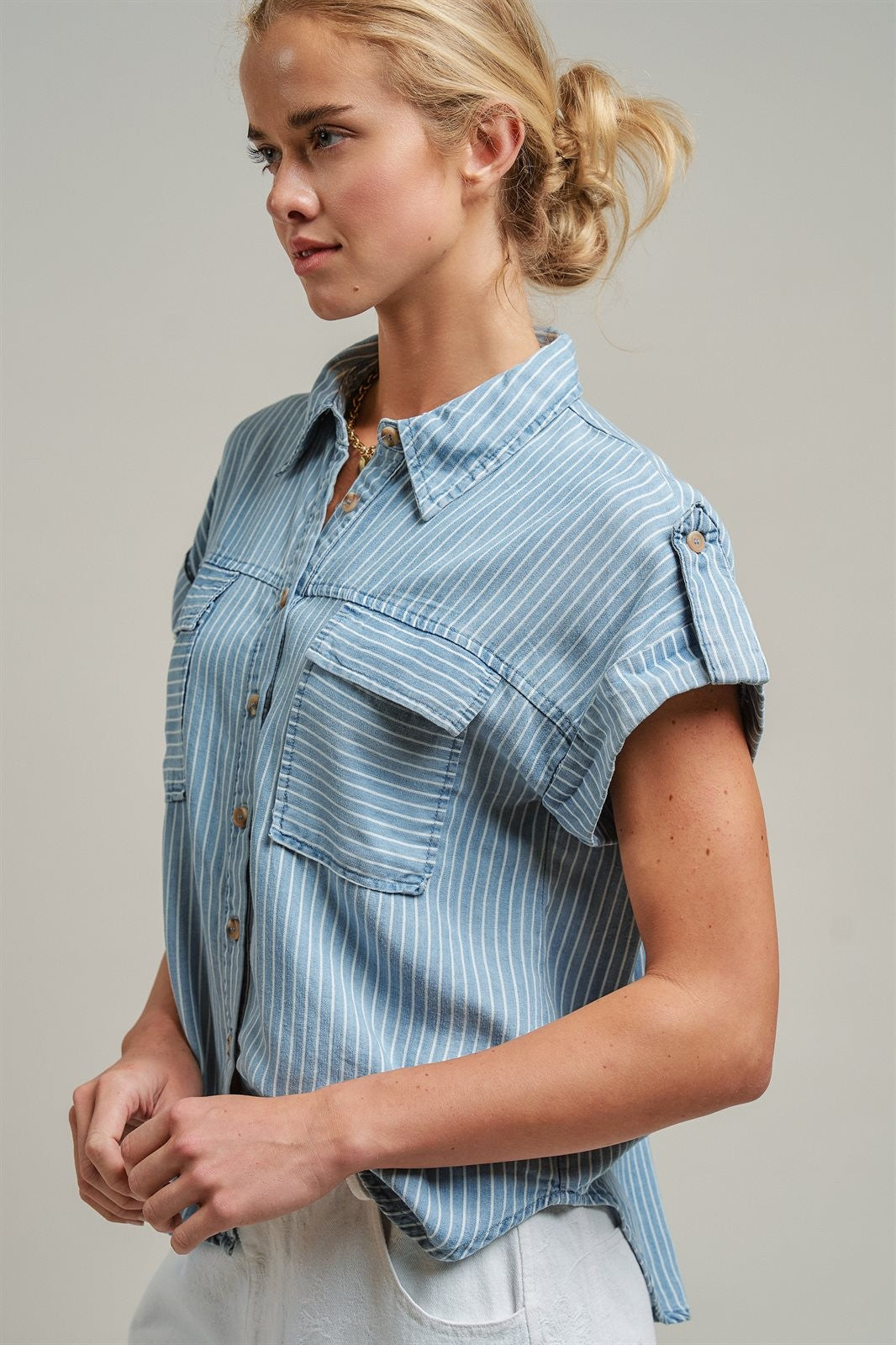 Striped Chambray Denim Short Sleeve Button Up Shirt  in Chambray - Women's Wholesale Blankets | Trend Notes