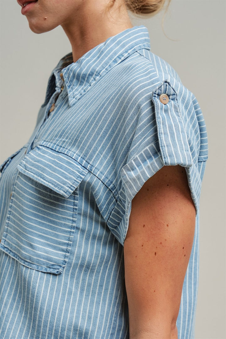 Striped Chambray Denim Short Sleeve Button Up Shirt  in Chambray - Women's Wholesale Blankets | Trend Notes