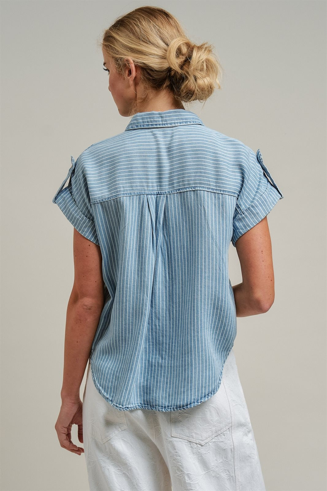 Striped Chambray Denim Short Sleeve Button Up Shirt  in Chambray - Women's Wholesale Blankets | Trend Notes