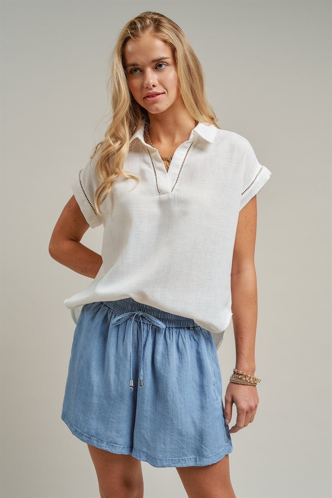 Linen Look Polo Collar Ladder Trim Short Sleeve Top in White - Women's Wholesale Blankets | Trend Notes