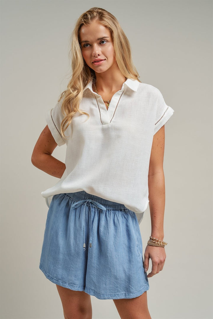 Linen Look Polo Collar Ladder Trim Short Sleeve Top in White - Women's Wholesale Blankets | Trend Notes
