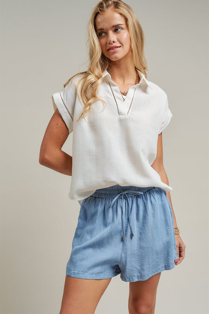 Linen Look Polo Collar Ladder Trim Short Sleeve Top in White - Women's Wholesale Blankets | Trend Notes