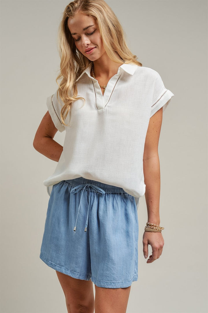 Linen Look Polo Collar Ladder Trim Short Sleeve Top in White - Women's Wholesale Blankets | Trend Notes