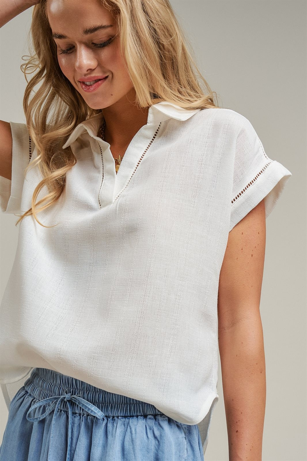Linen Look Polo Collar Ladder Trim Short Sleeve Top in White - Women's Wholesale Blankets | Trend Notes