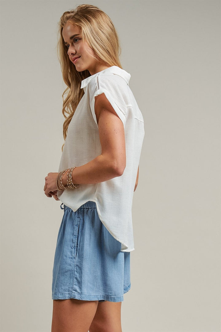 Linen Look Polo Collar Ladder Trim Short Sleeve Top in White - Women's Wholesale Blankets | Trend Notes