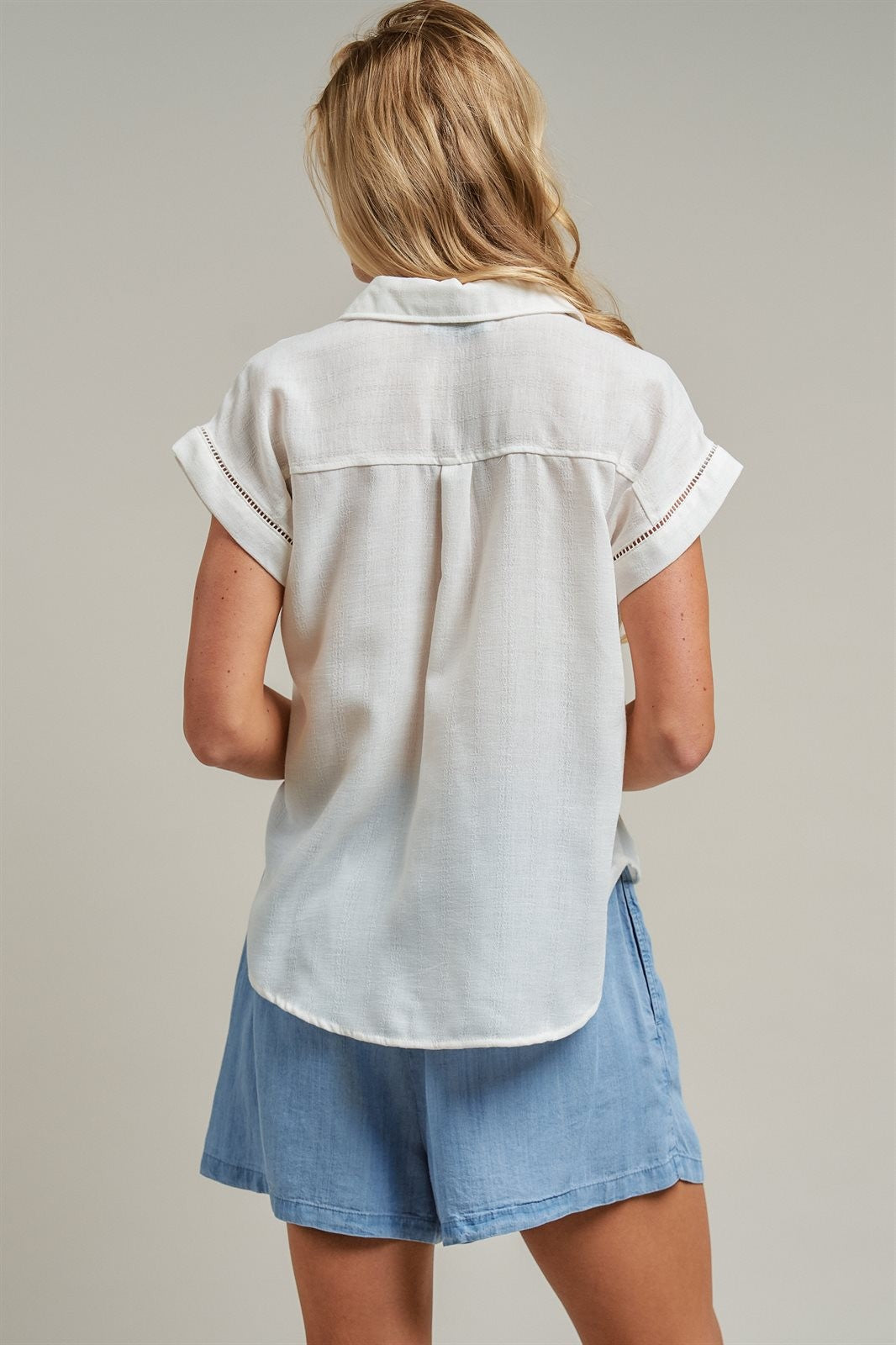 Linen Look Polo Collar Ladder Trim Short Sleeve Top in White - Women's Wholesale Blankets | Trend Notes
