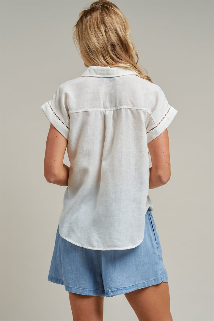 Linen Look Polo Collar Ladder Trim Short Sleeve Top in White - Women's Wholesale Blankets | Trend Notes