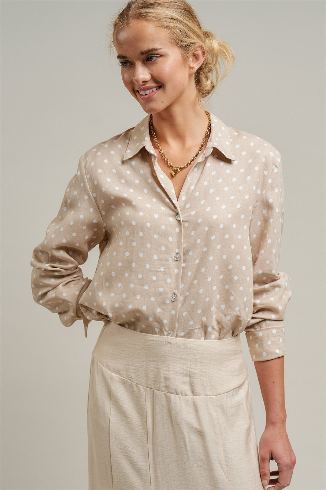 Polka Dot Linen Button Up Shirt Long Sleeve Blouse Old Money in Sand - Women's Wholesale Blankets | Trend Notes