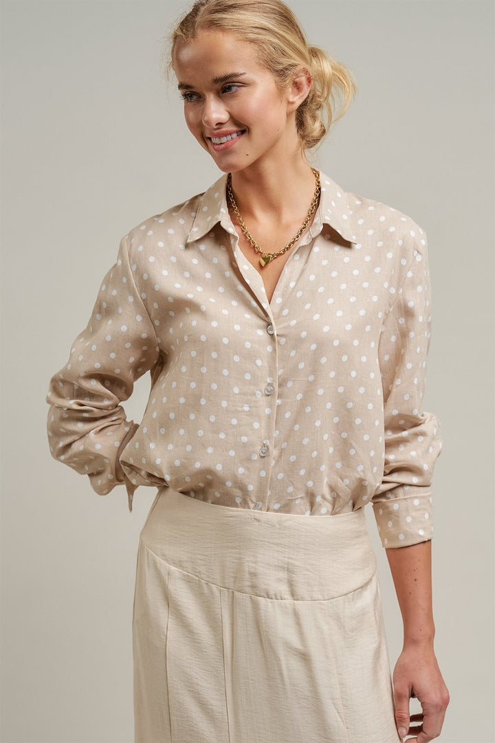 Polka Dot Linen Button Up Shirt Long Sleeve Blouse Old Money in Sand - Women's Wholesale Blankets | Trend Notes