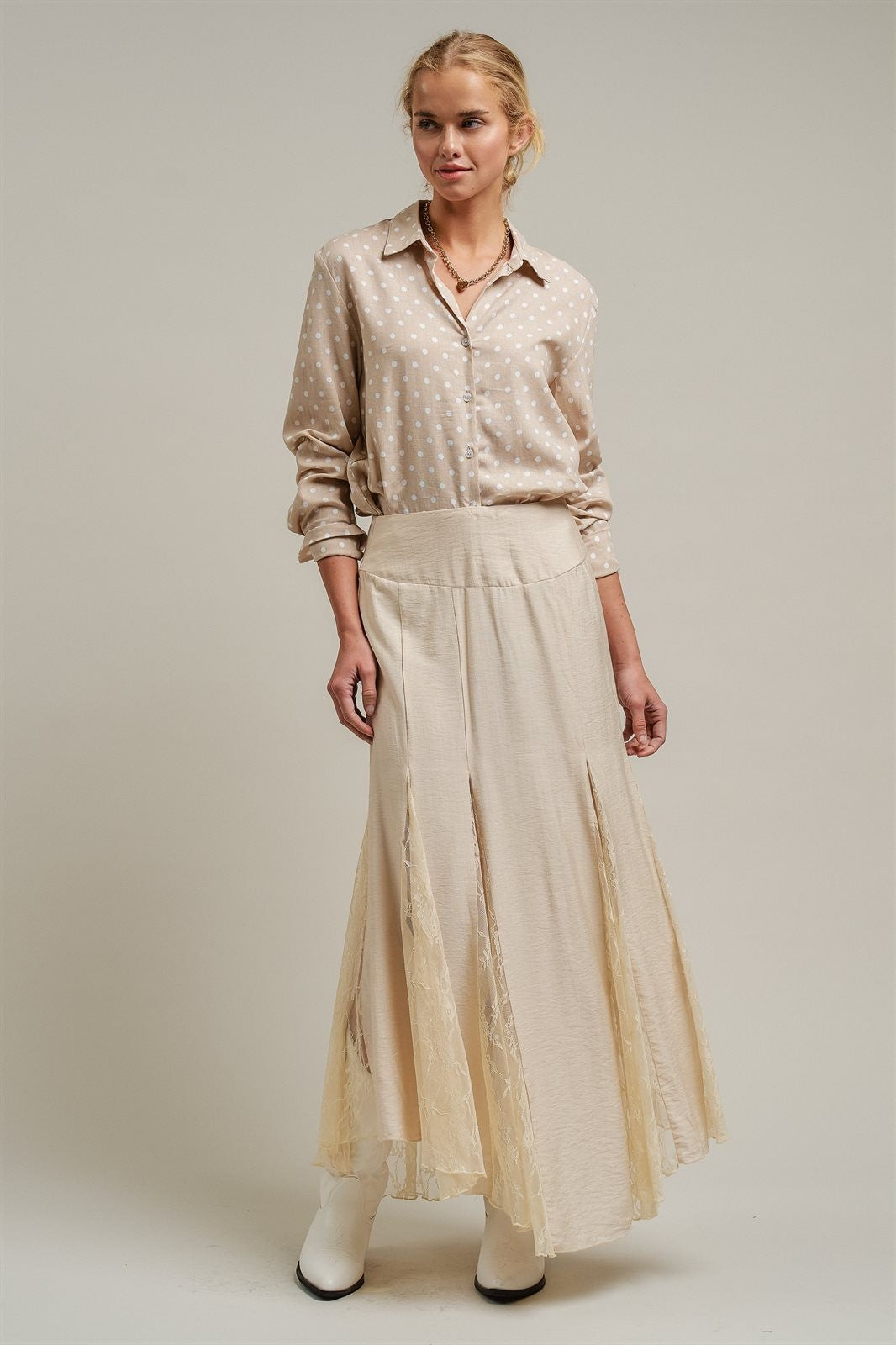 Polka Dot Linen Button Up Shirt Long Sleeve Blouse Old Money in Sand - Women's Wholesale Blankets | Trend Notes