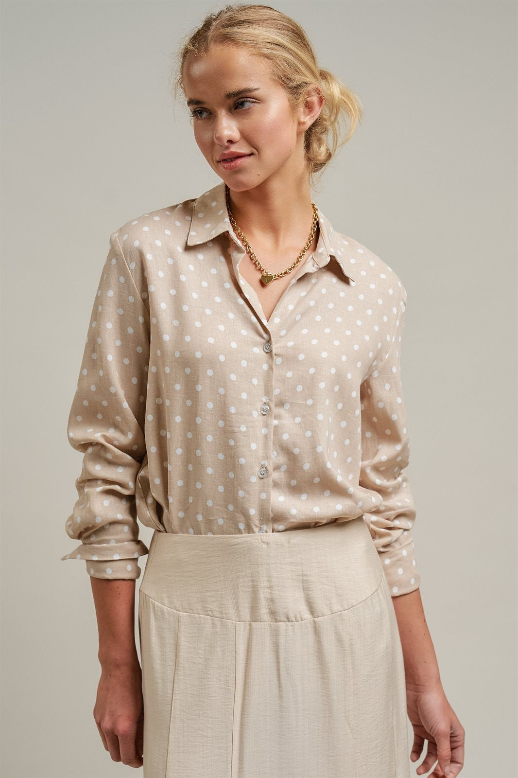 Polka Dot Linen Button Up Shirt Long Sleeve Blouse Old Money in Sand - Women's Wholesale Blankets | Trend Notes