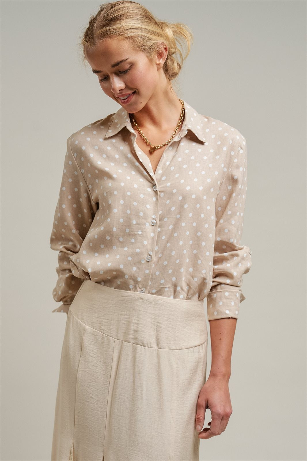 Polka Dot Linen Button Up Shirt Long Sleeve Blouse Old Money in Sand - Women's Wholesale Blankets | Trend Notes