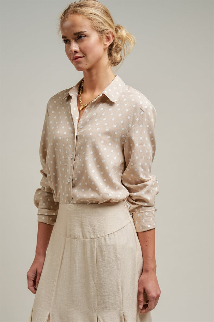 Polka Dot Linen Button Up Shirt Long Sleeve Blouse Old Money in Sand - Women's Wholesale Blankets | Trend Notes