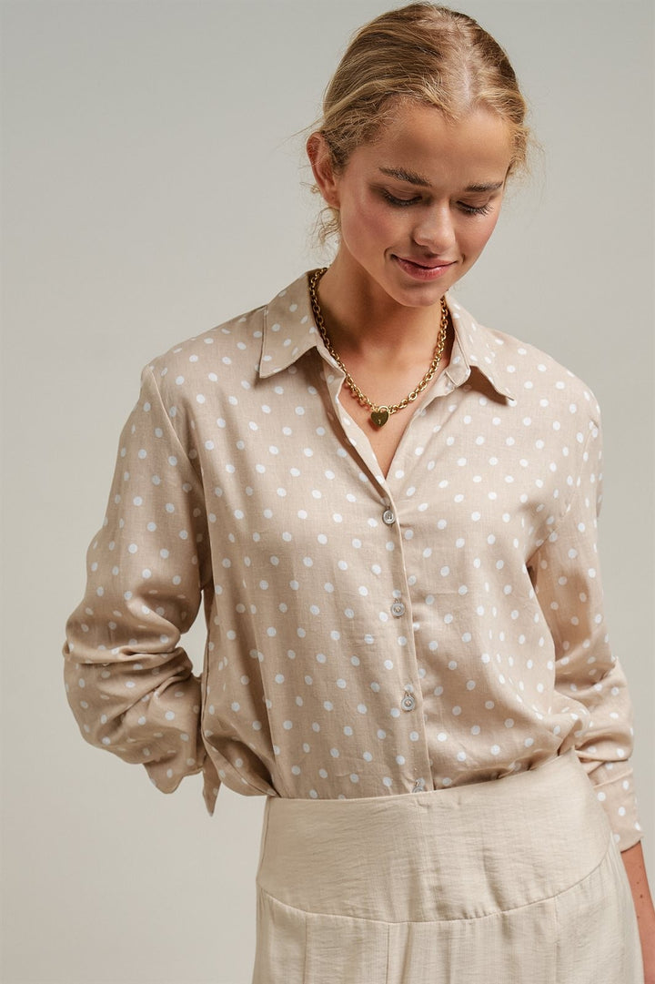 Polka Dot Linen Button Up Shirt Long Sleeve Blouse Old Money in Sand - Women's Wholesale Blankets | Trend Notes