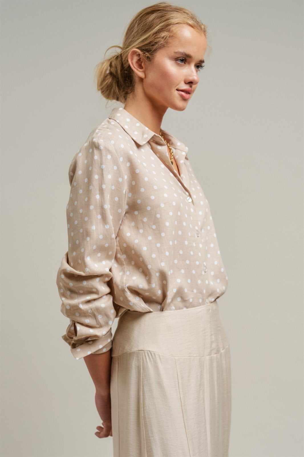 Polka Dot Linen Button Up Shirt Long Sleeve Blouse Old Money in Sand - Women's Wholesale Blankets | Trend Notes
