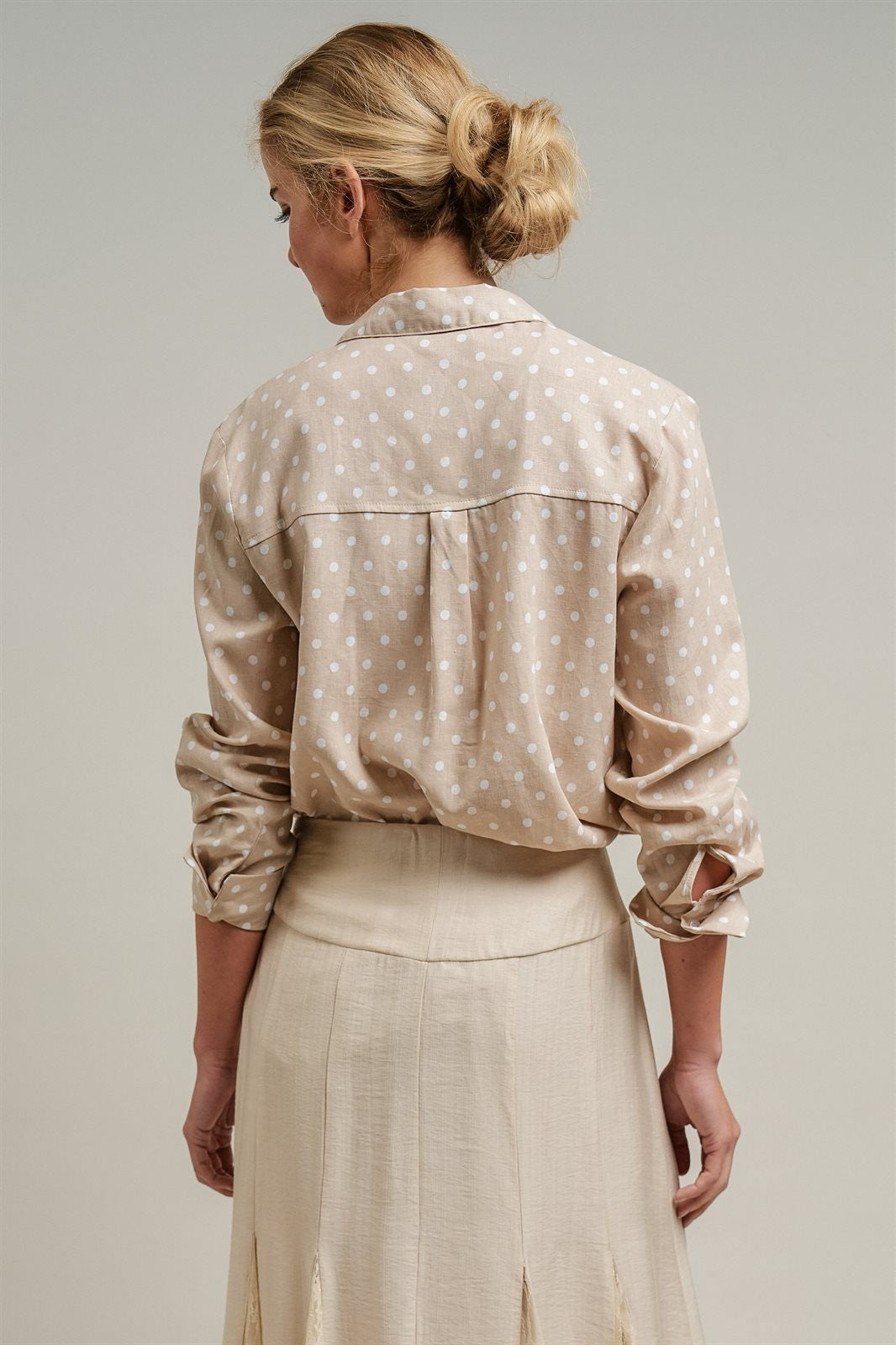Polka Dot Linen Button Up Shirt Long Sleeve Blouse Old Money in Sand - Women's Wholesale Blankets | Trend Notes