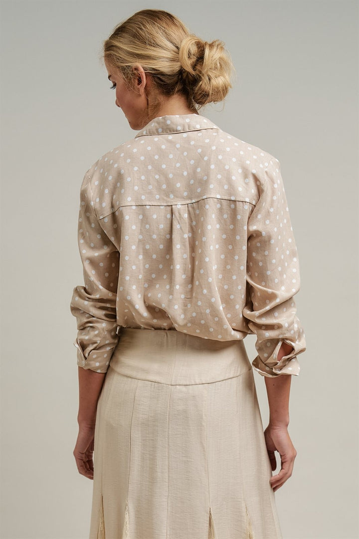 Polka Dot Linen Button Up Shirt Long Sleeve Blouse Old Money in Sand - Women's Wholesale Blankets | Trend Notes