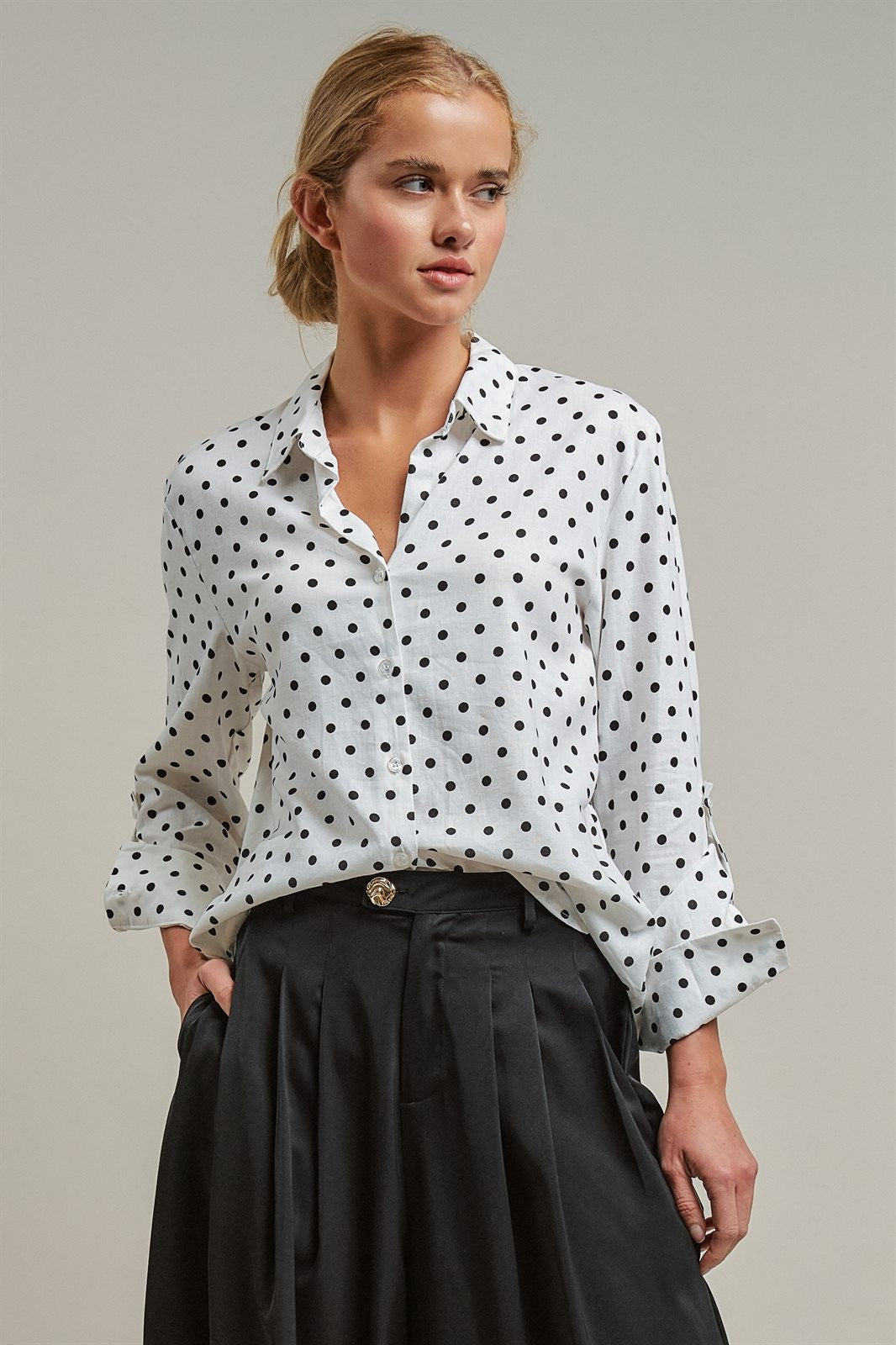 Polka Dot Linen Button Up Shirt Long Sleeve Blouse Old Money in White - Women's Wholesale Blankets | Trend Notes