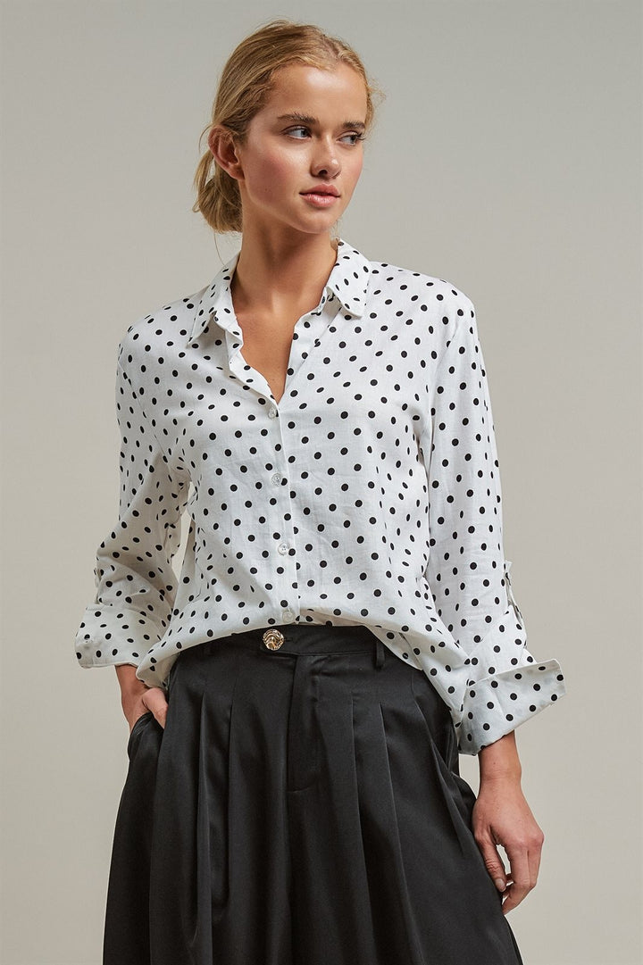 Polka Dot Linen Button Up Shirt Long Sleeve Blouse Old Money in White - Women's Wholesale Blankets | Trend Notes