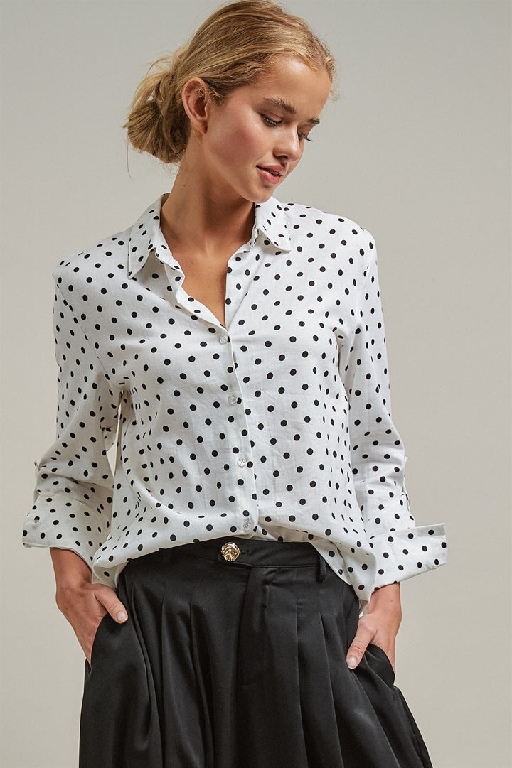 Polka Dot Linen Button Up Shirt Long Sleeve Blouse Old Money in White - Women's Wholesale Blankets | Trend Notes