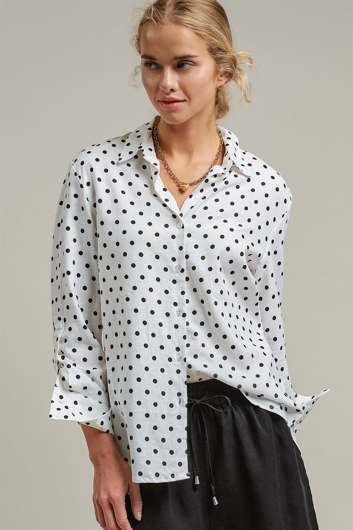 Polka Dot Linen Button Up Shirt Long Sleeve Blouse Old Money in White - Women's Wholesale Blankets | Trend Notes