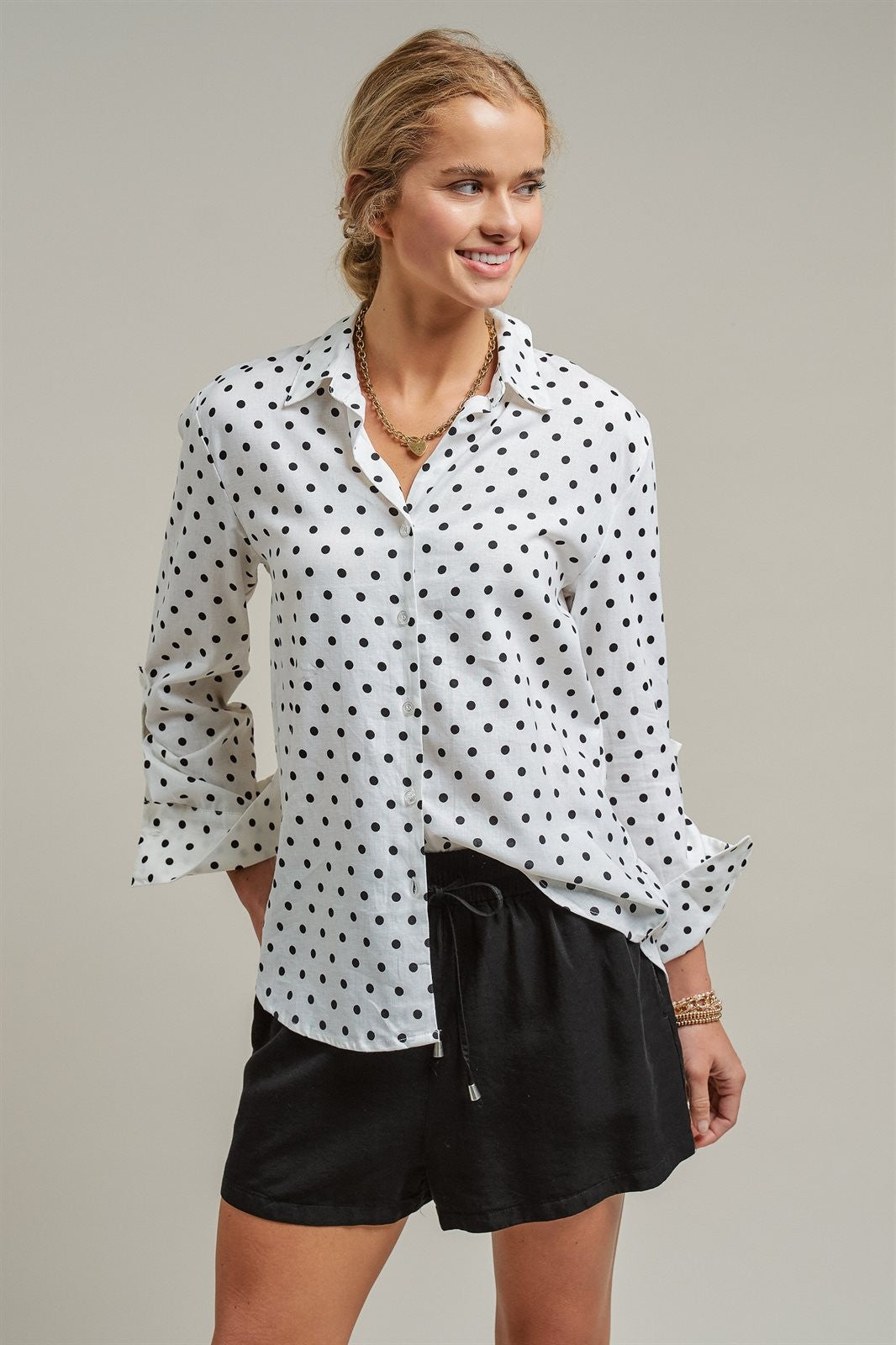 Polka Dot Linen Button Up Shirt Long Sleeve Blouse Old Money in White - Women's Wholesale Blankets | Trend Notes