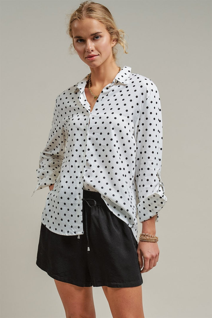 Polka Dot Linen Button Up Shirt Long Sleeve Blouse Old Money in White - Women's Wholesale Blankets | Trend Notes