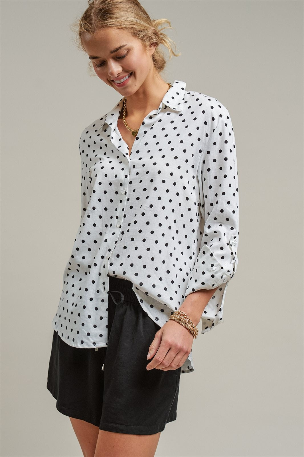 Polka Dot Linen Button Up Shirt Long Sleeve Blouse Old Money in White - Women's Wholesale Blankets | Trend Notes