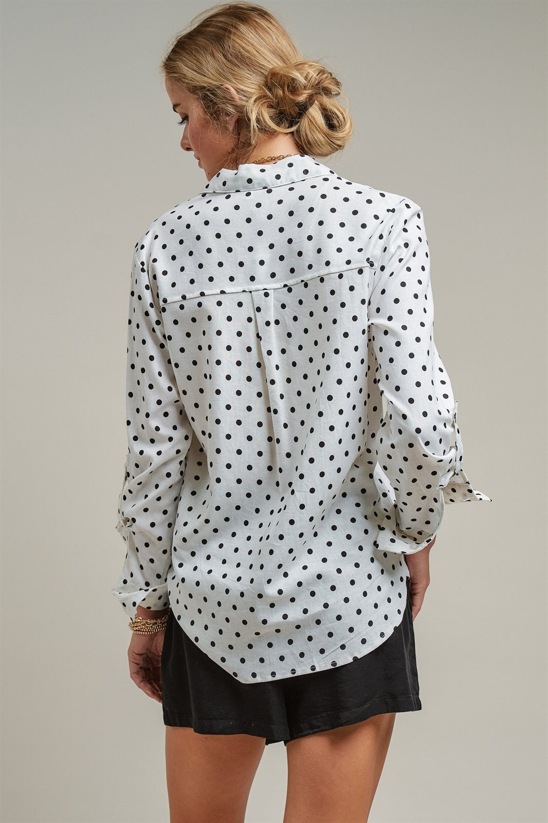 Polka Dot Linen Button Up Shirt Long Sleeve Blouse Old Money in White - Women's Wholesale Blankets | Trend Notes