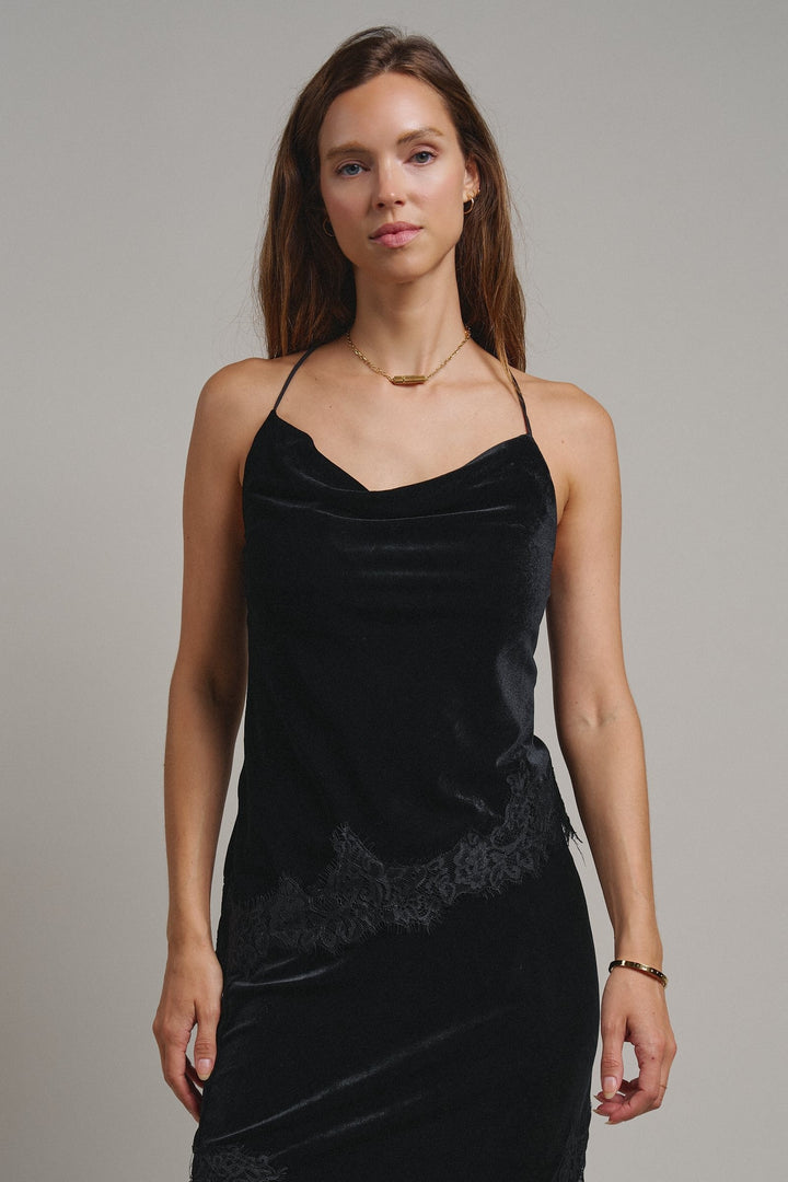 Evening Lace Velvet Cami Top in Black - Women's Wholesale Tanks & Camis | Trend Notes