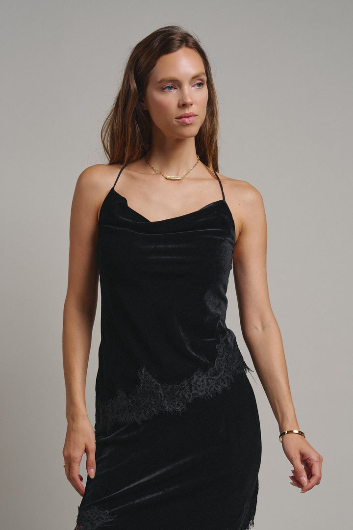 Evening Lace Velvet Cami Top in Black - Women's Wholesale Tanks & Camis | Trend Notes
