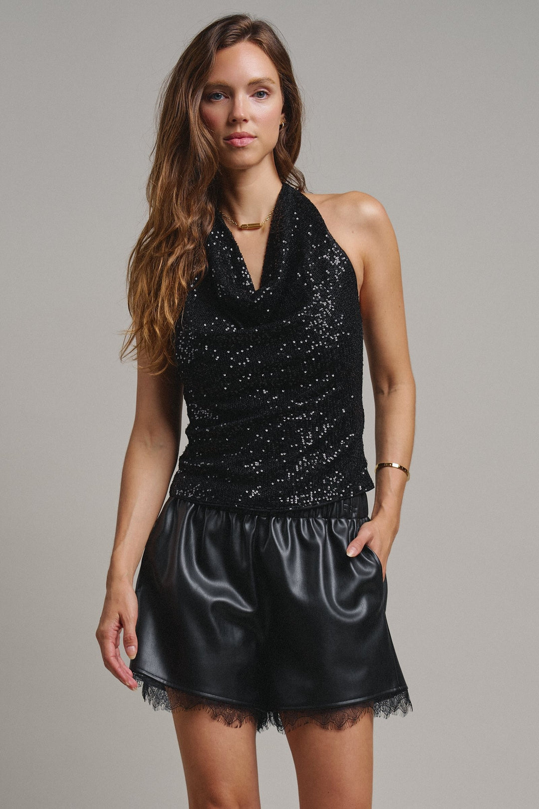 Midnight Shine Sequin Halter Top in Black - Women's Wholesale Tanks & Camis | Trend Notes
