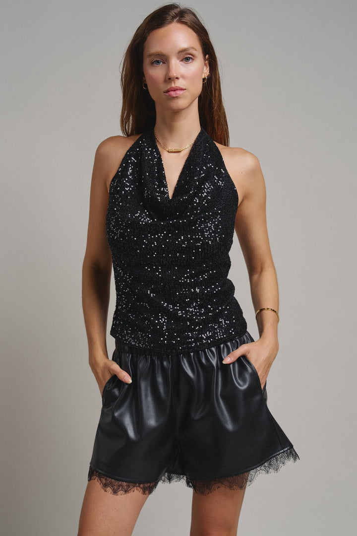 Midnight Shine Sequin Halter Top in Black - Women's Wholesale Tanks & Camis | Trend Notes