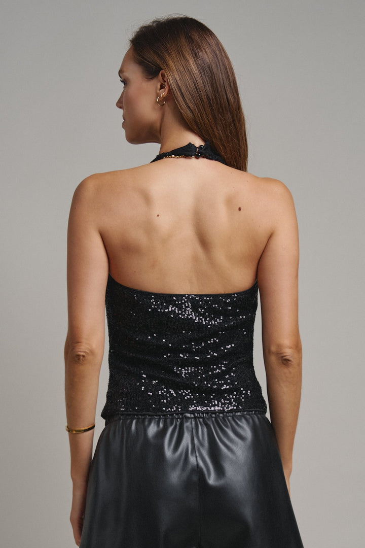 Midnight Shine Sequin Halter Top in Black - Women's Wholesale Tanks & Camis | Trend Notes