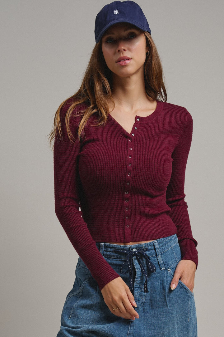 Soft Focus Waffle Knit Henley Top in Burgundy - Women's Wholesale T-Shirts & Polos | Trend Notes