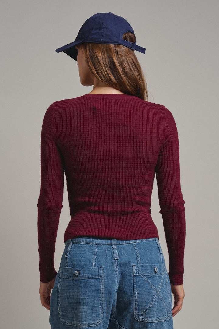 Soft Focus Waffle Knit Henley Top in Burgundy - Women's Wholesale T-Shirts & Polos | Trend Notes